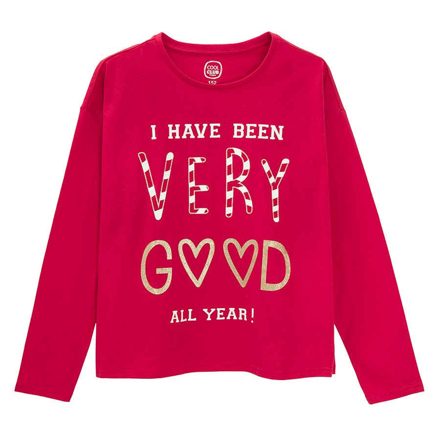 Red pyjamas, long sleeve blouse and checked pants I HAVE BEEN GOOD ALL YEAR