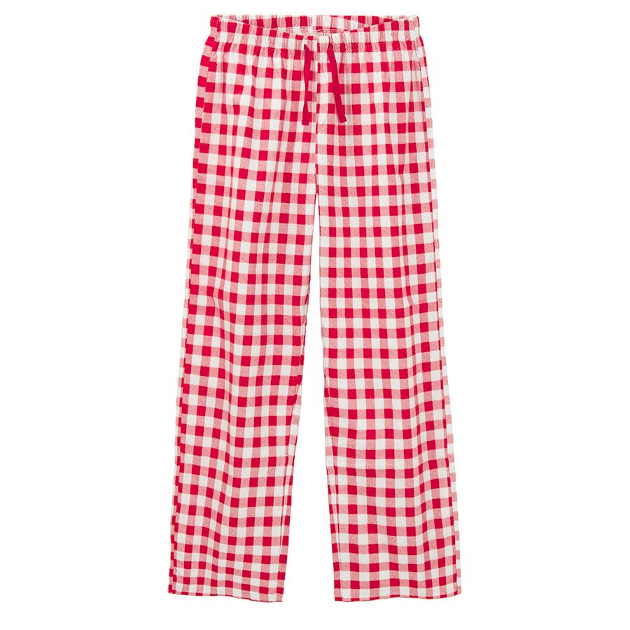 Red pyjamas, long sleeve blouse and checked pants I HAVE BEEN GOOD ALL YEAR
