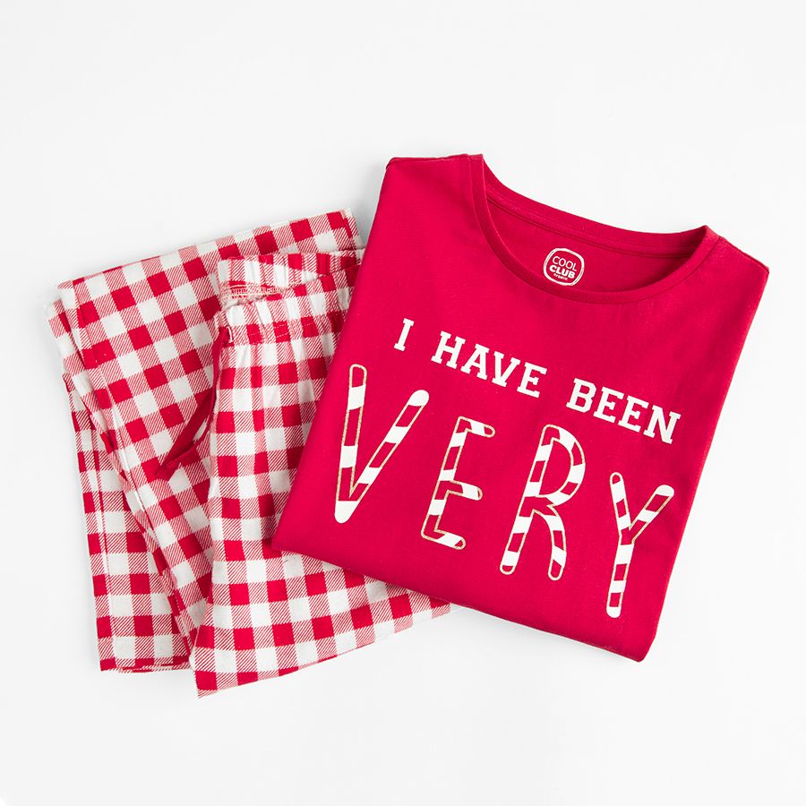 Red pyjamas, long sleeve blouse and checked pants I HAVE BEEN GOOD ALL YEAR