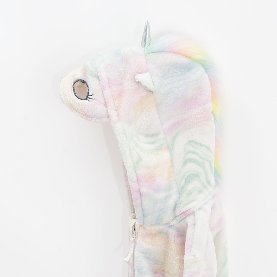 Tie dye footless hooded zip through overall with unicorn pattern on hood