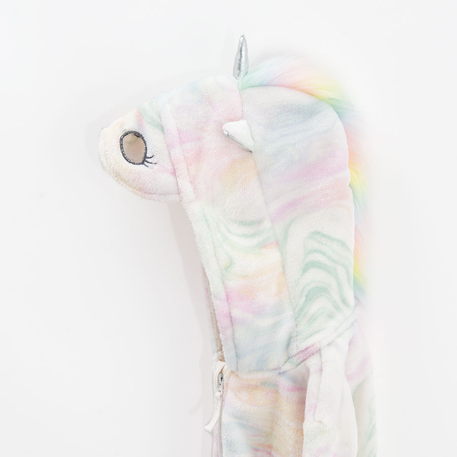 Tie dye footless hooded zip through overall with unicorn pattern on hood