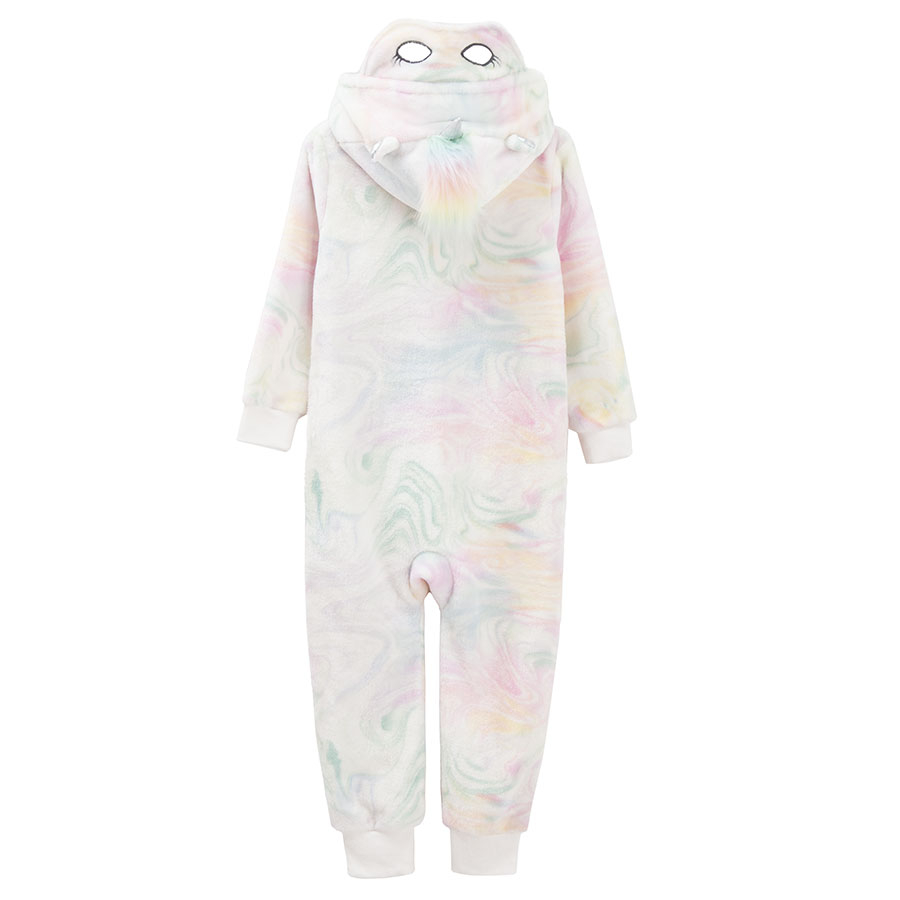 Tie dye footless hooded zip through overall with unicorn pattern on hood