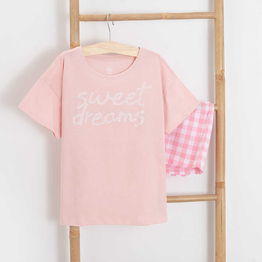Pink short sleeve blouse SWEET DREAMS print and checkered shorts pyjamas- 2 pieces