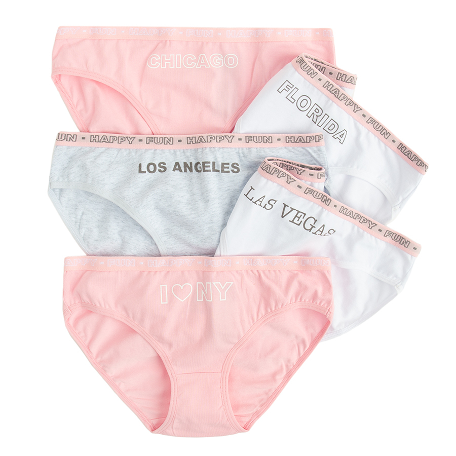 Pink, white and grey briefs US cities print- 5 pack