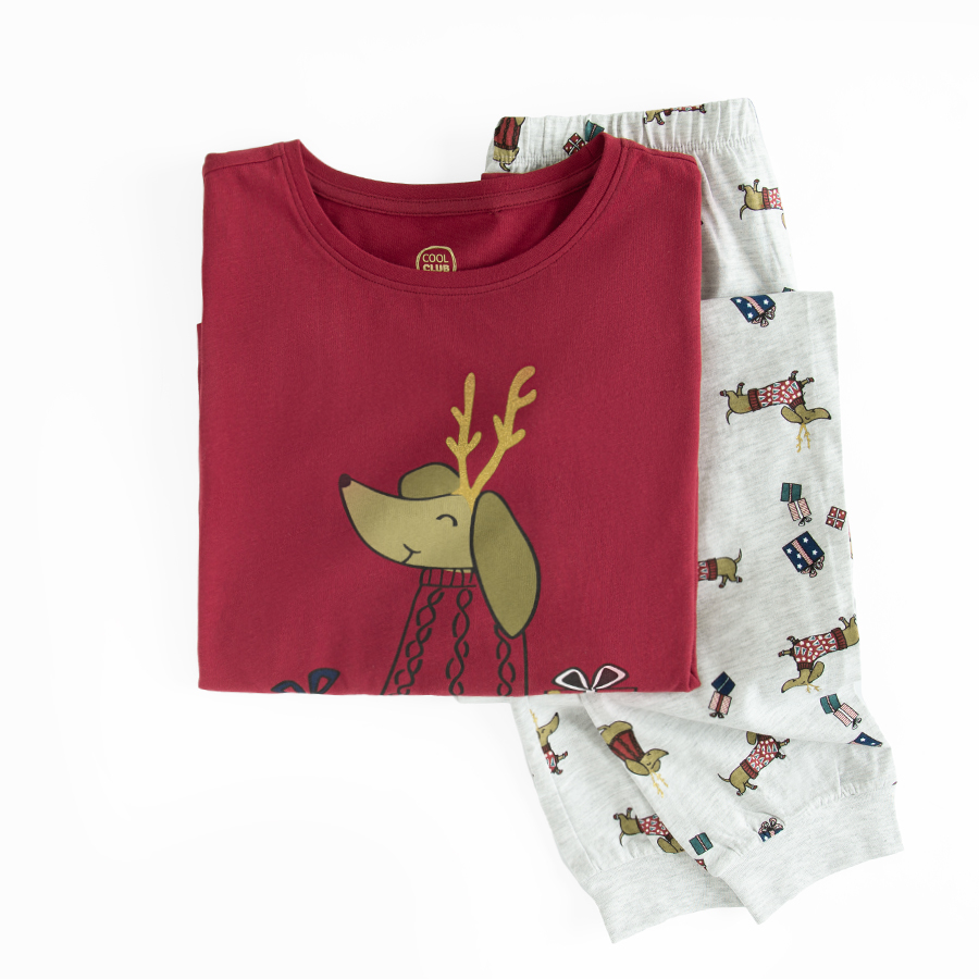 Red long sleeve blouse with raindeer and pants pyjamas