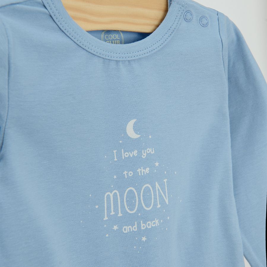 White and blue long sleeve bodysuits with moon prints- 3 pack