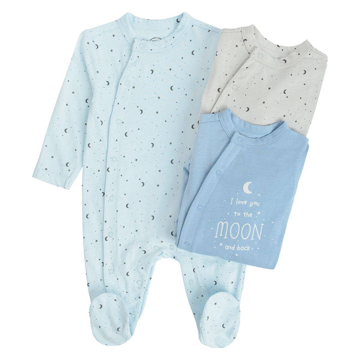 Light blue, blue and grey long sleeve footed overalls with side clips and ILOVE YOU TO THE MOON AND BACK print