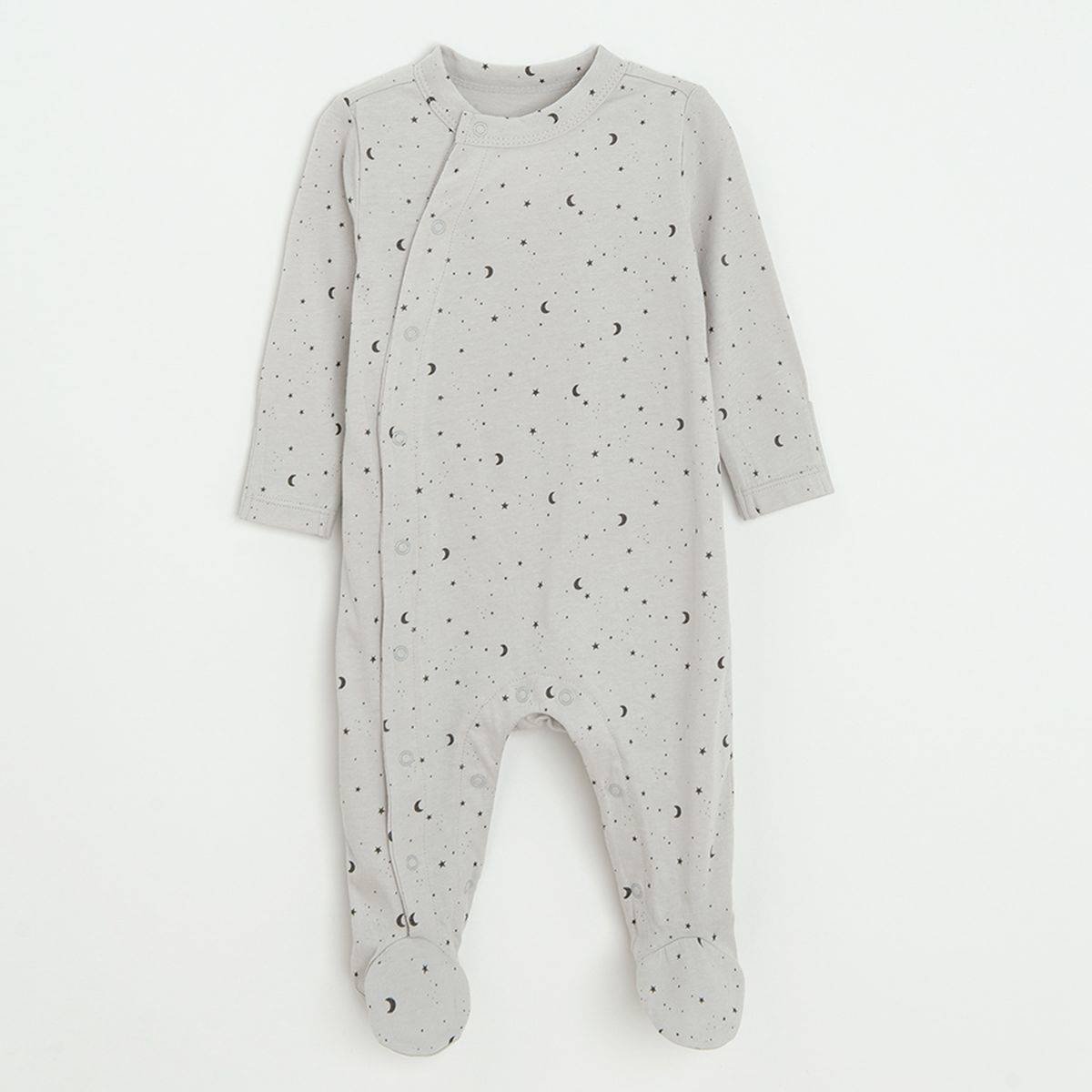 Light blue, blue and grey long sleeve footed overalls with side clips and ILOVE YOU TO THE MOON AND BACK print