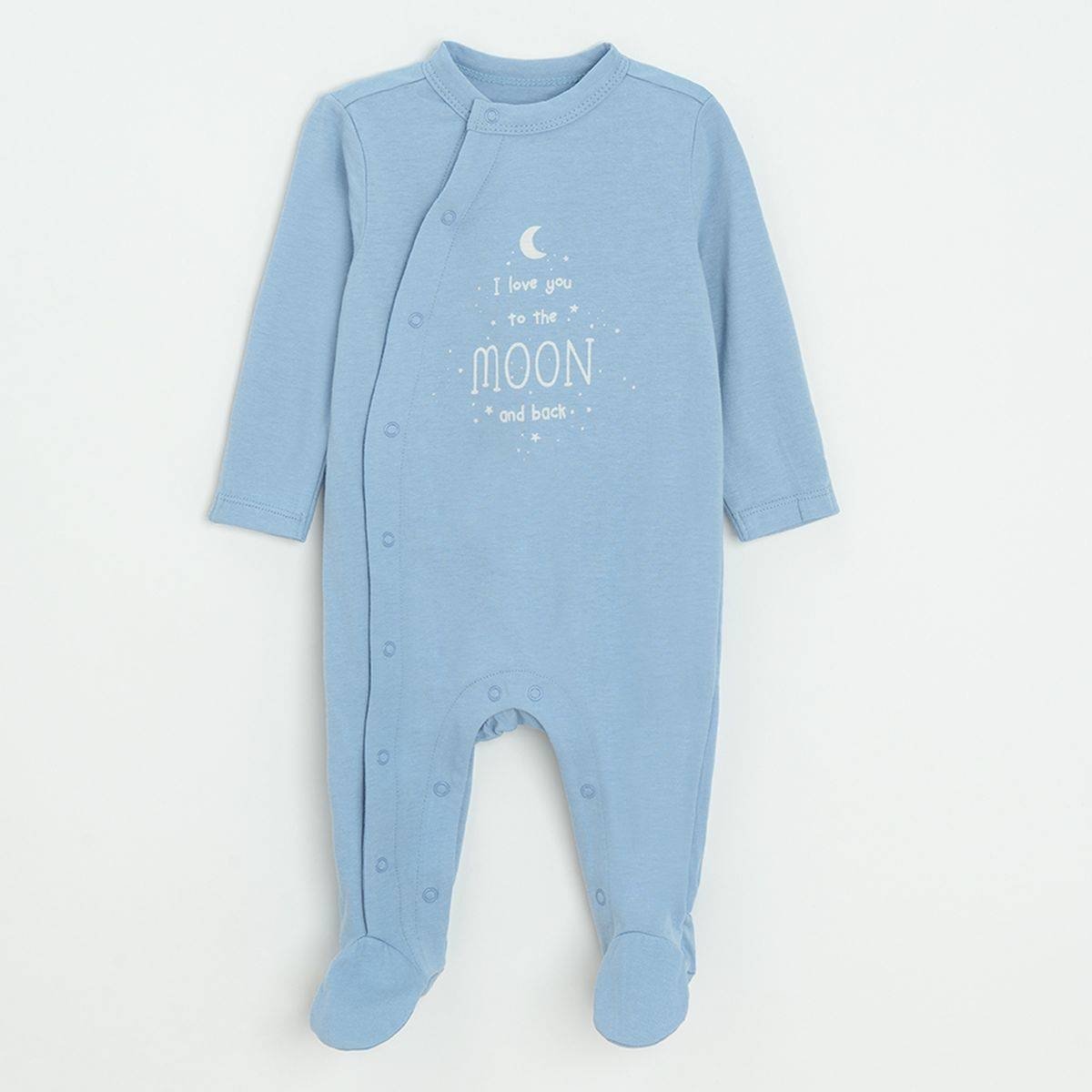 Light blue, blue and grey long sleeve footed overalls with side clips and ILOVE YOU TO THE MOON AND BACK print
