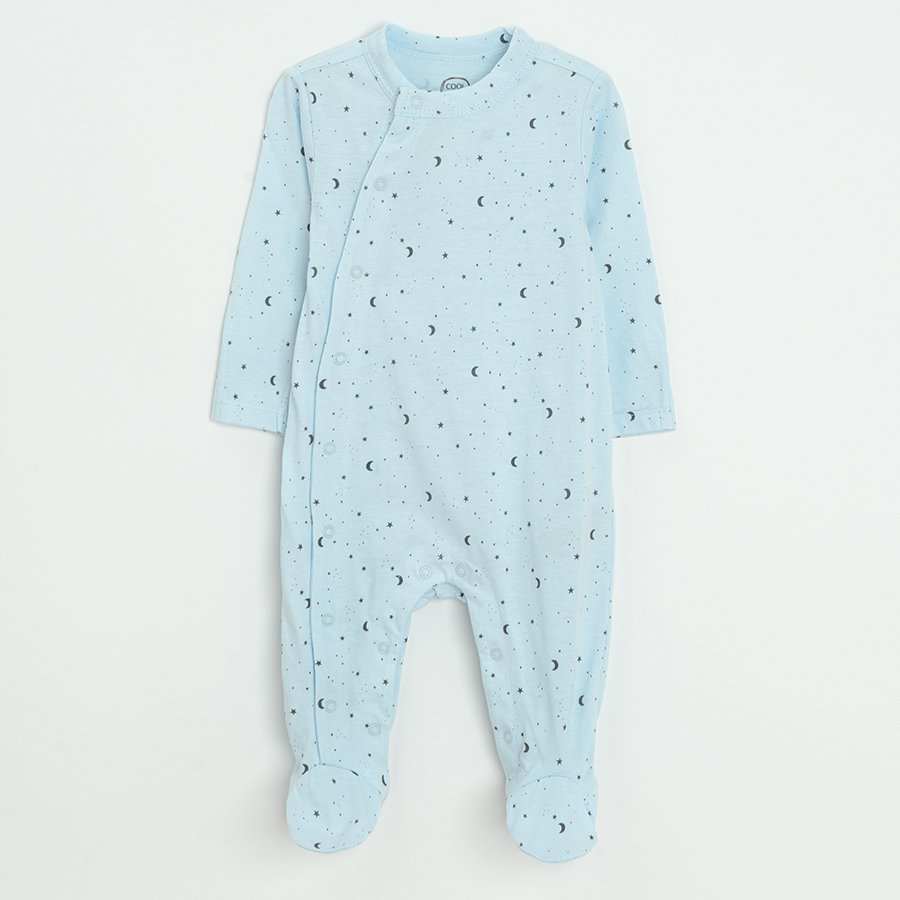 Light blue, blue and grey long sleeve footed overalls with side clips and ILOVE YOU TO THE MOON AND BACK print