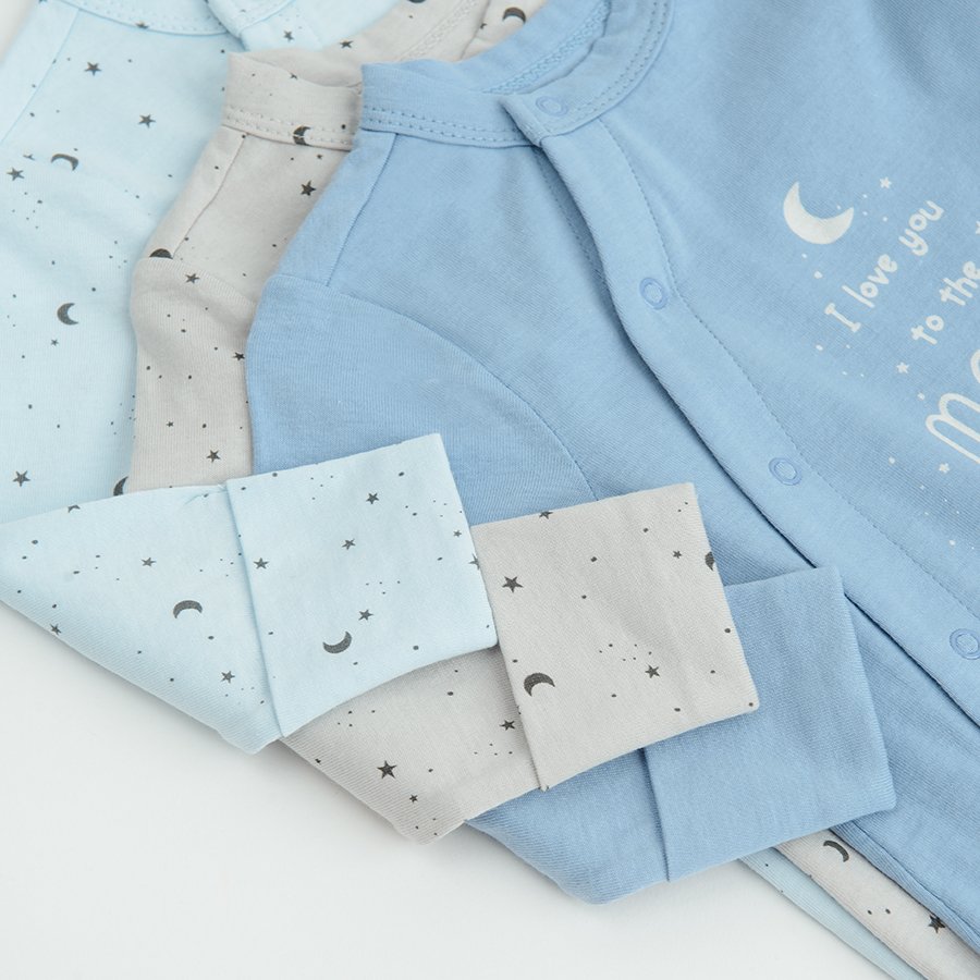 Light blue, blue and grey long sleeve footed overalls with side clips and ILOVE YOU TO THE MOON AND BACK print