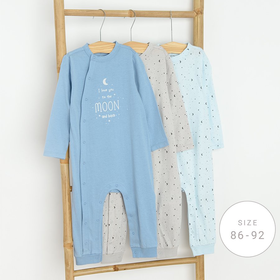 Light blue, blue and grey long sleeve footed overalls with side clips and ILOVE YOU TO THE MOON AND BACK print