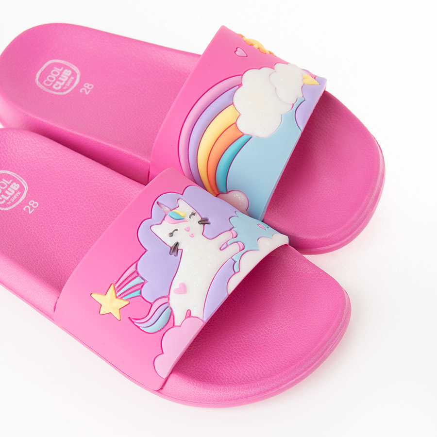 Pink flip flops with unicorn print