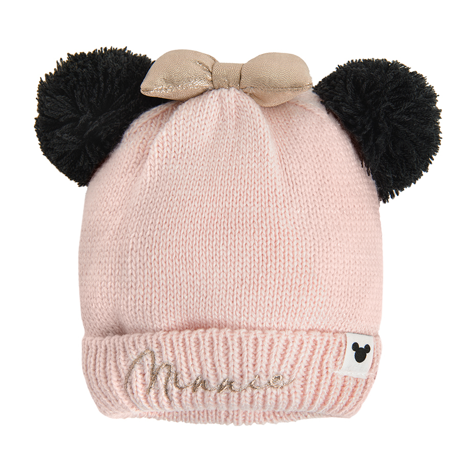 Minnie Mouse pink cap with black pom poms and gold bow