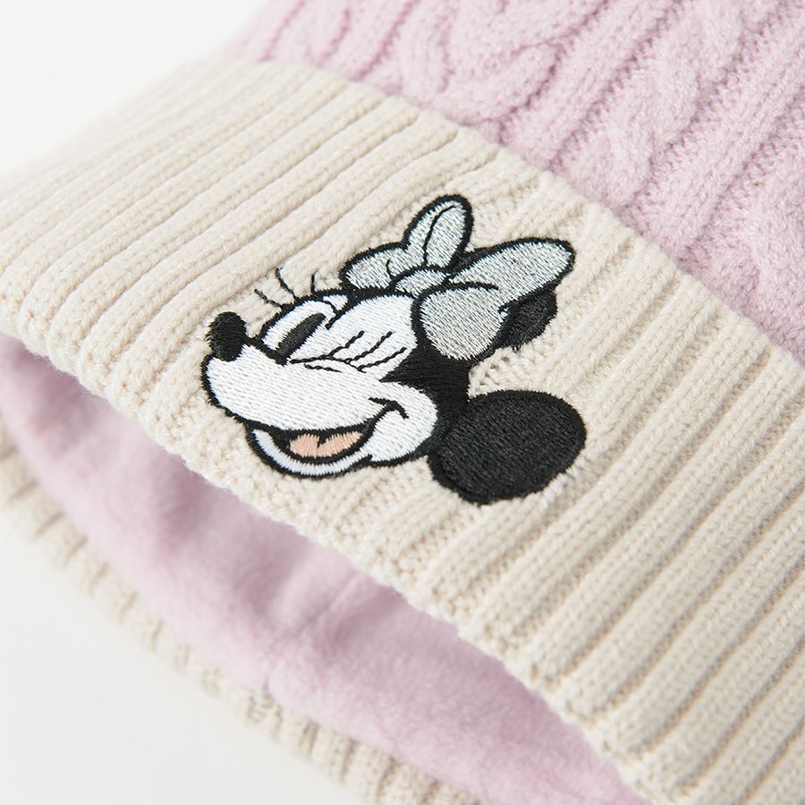 Σκούφος εκρού και ροζ με κεντημένη στάμπα MINNIE MOUSE και pompom