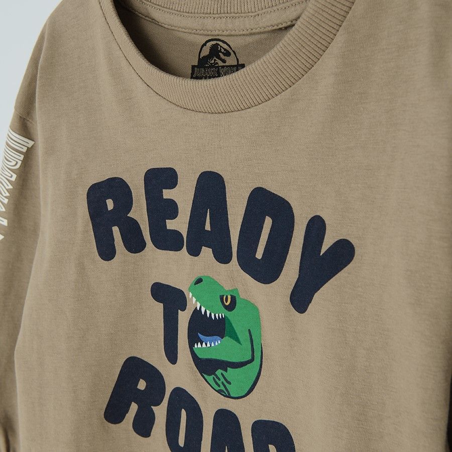 Brown Jurassic Park sweateshirt with dinosaur and READY TO ROAR print