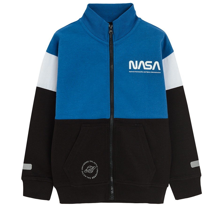 NASA blue, white and black zip through sweatshirt