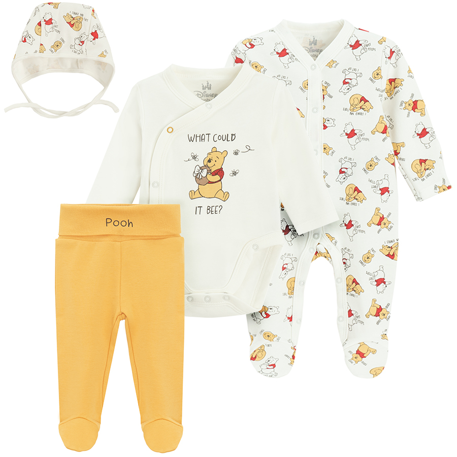 Winnie the Pooh set, long sleeve bodysuit, footed leggings, overall and hat- 4 pieces