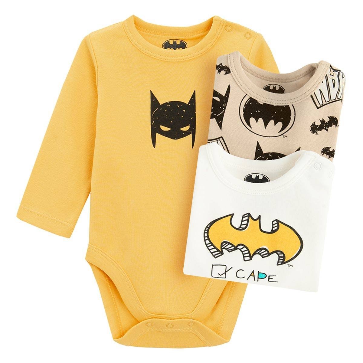 Batman yellow, white and light grey long sleeve bodysuits- 3 pack