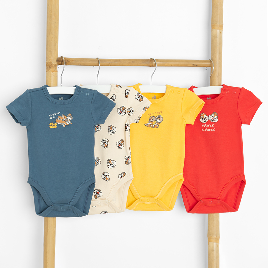 Chip and Dale yellow, beige, red and blue short sleeve bodysuits- 4 pack