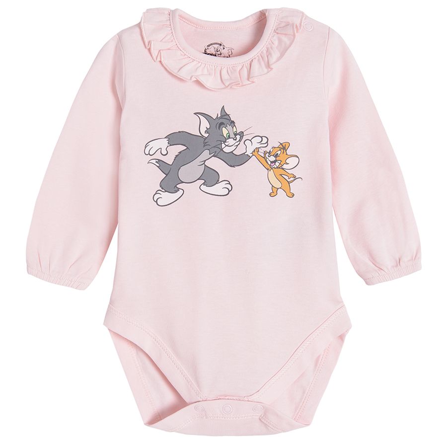 Light pink Tom and Jerry long sleeve bodysuit with ruffle on the neckline
