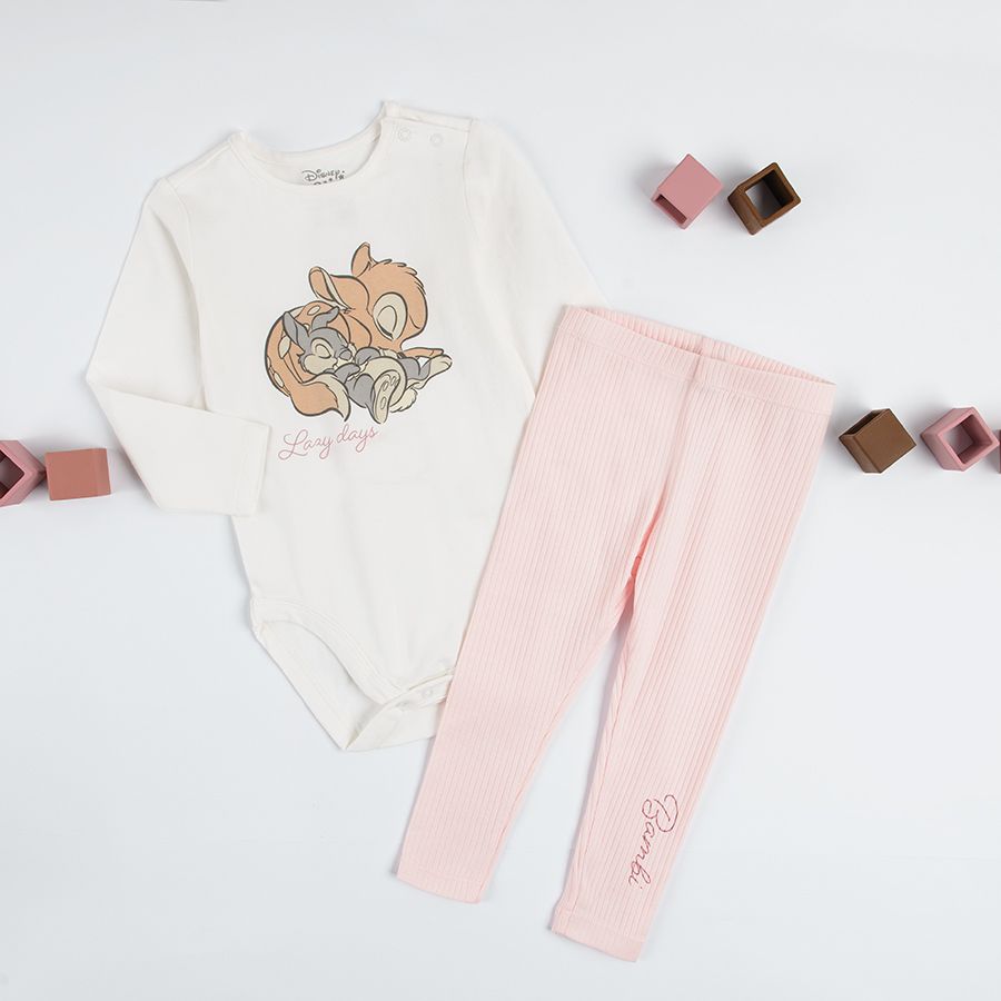 Σετ μακρυμάνικο φορμάκι λευκό και ροζ παντελόνι με στάμπα Bambi