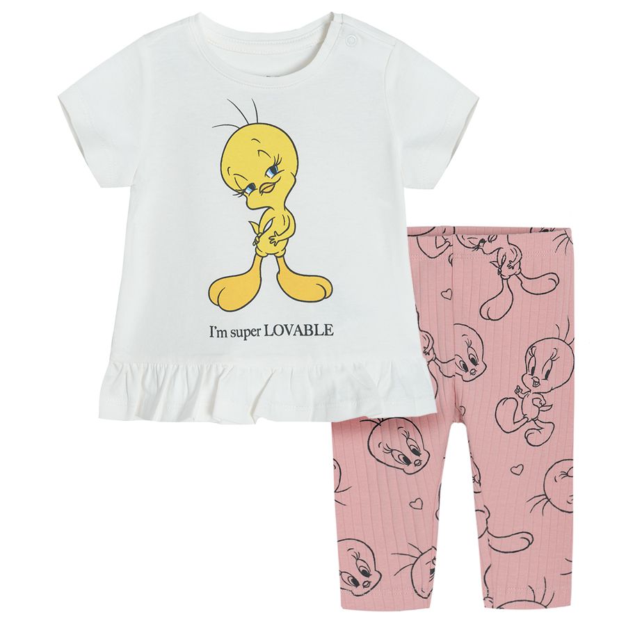 Σετ ροζ κολάν και λευκή μπλούζα με στάμπα Tweety