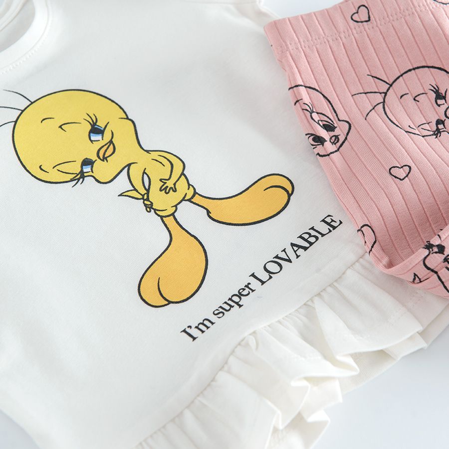 Σετ ροζ κολάν και λευκή μπλούζα με στάμπα Tweety