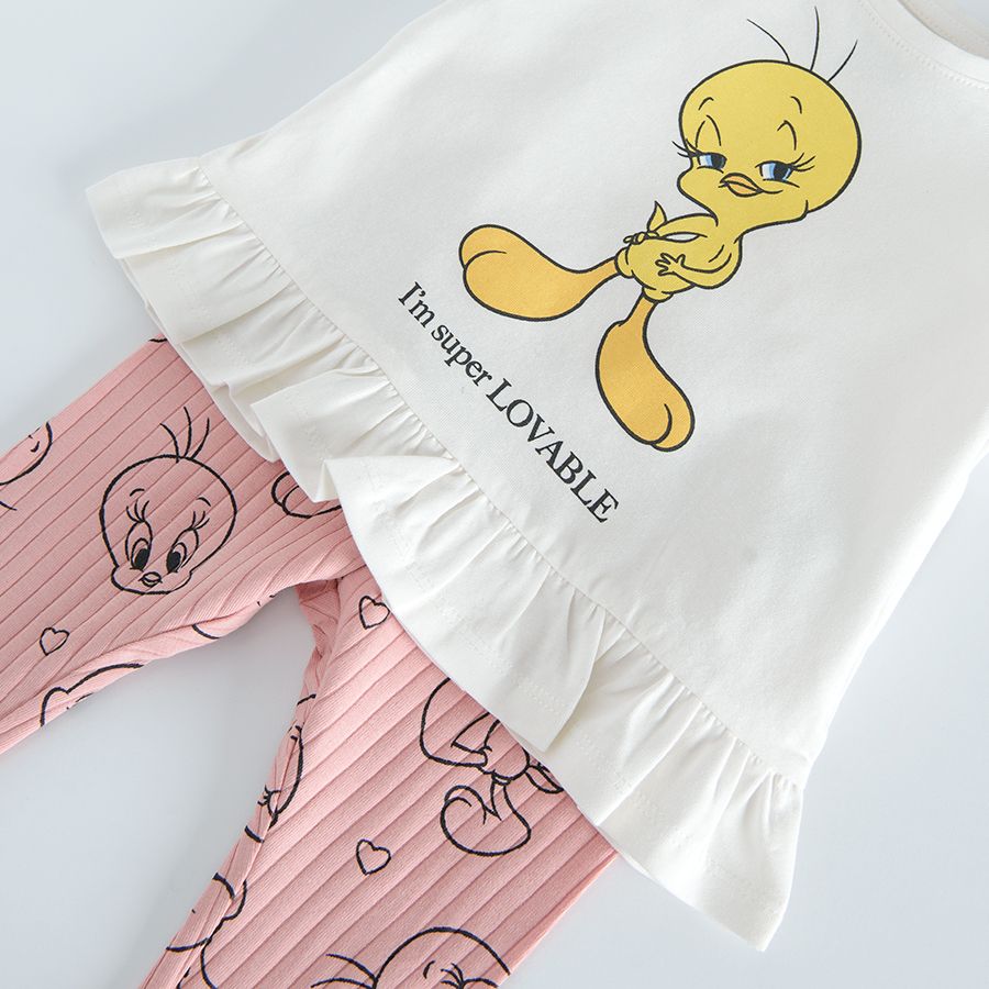 Σετ ροζ κολάν και λευκή μπλούζα με στάμπα Tweety