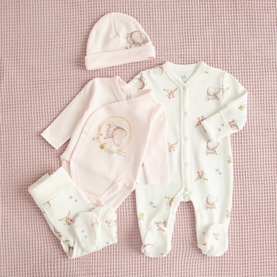 Dumbo the Elephant pink wrap long sleeve bodysuit, footed leggings, long sleeve footed overall and hat- 4 pieces