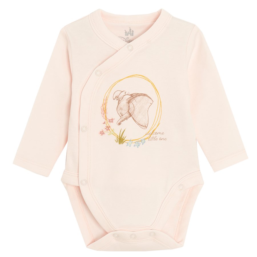 Dumbo the Elephant pink wrap long sleeve bodysuit, footed leggings, long sleeve footed overall and hat- 4 pieces