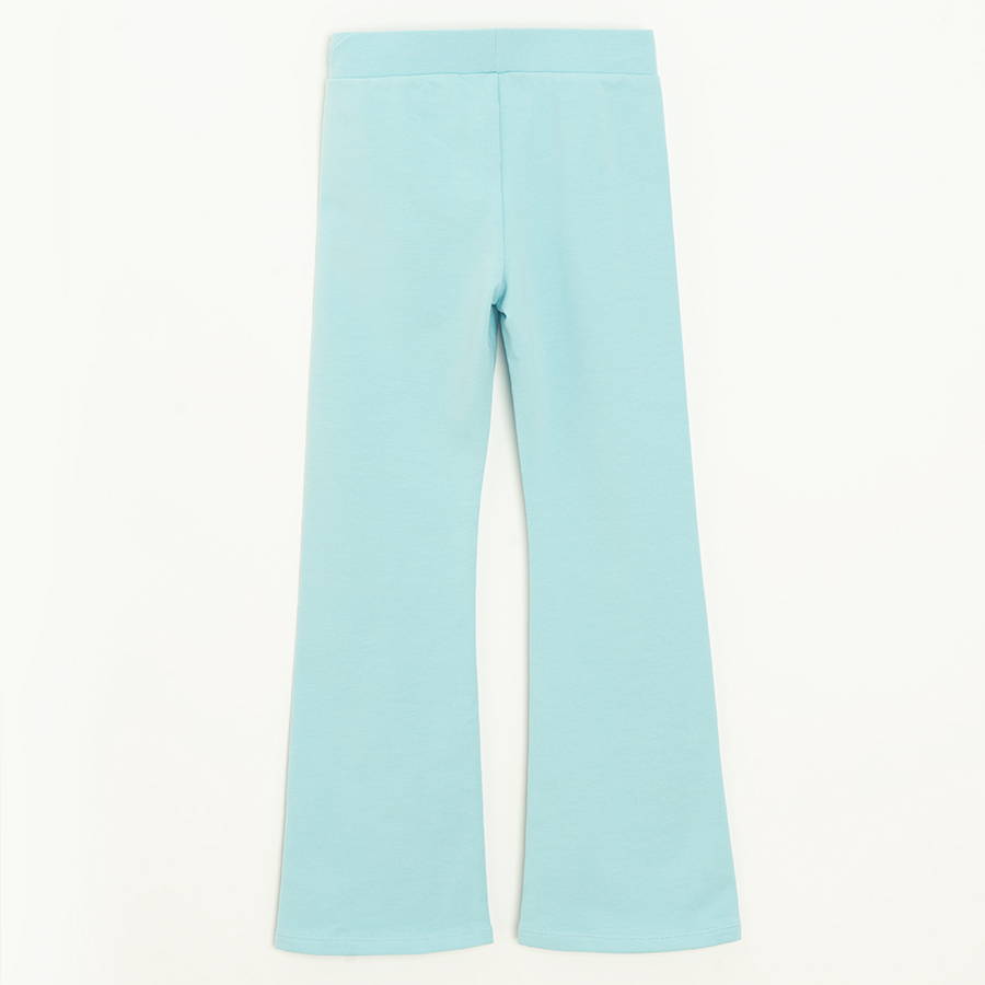 Light blue wide leg pants with daisies print on the knees