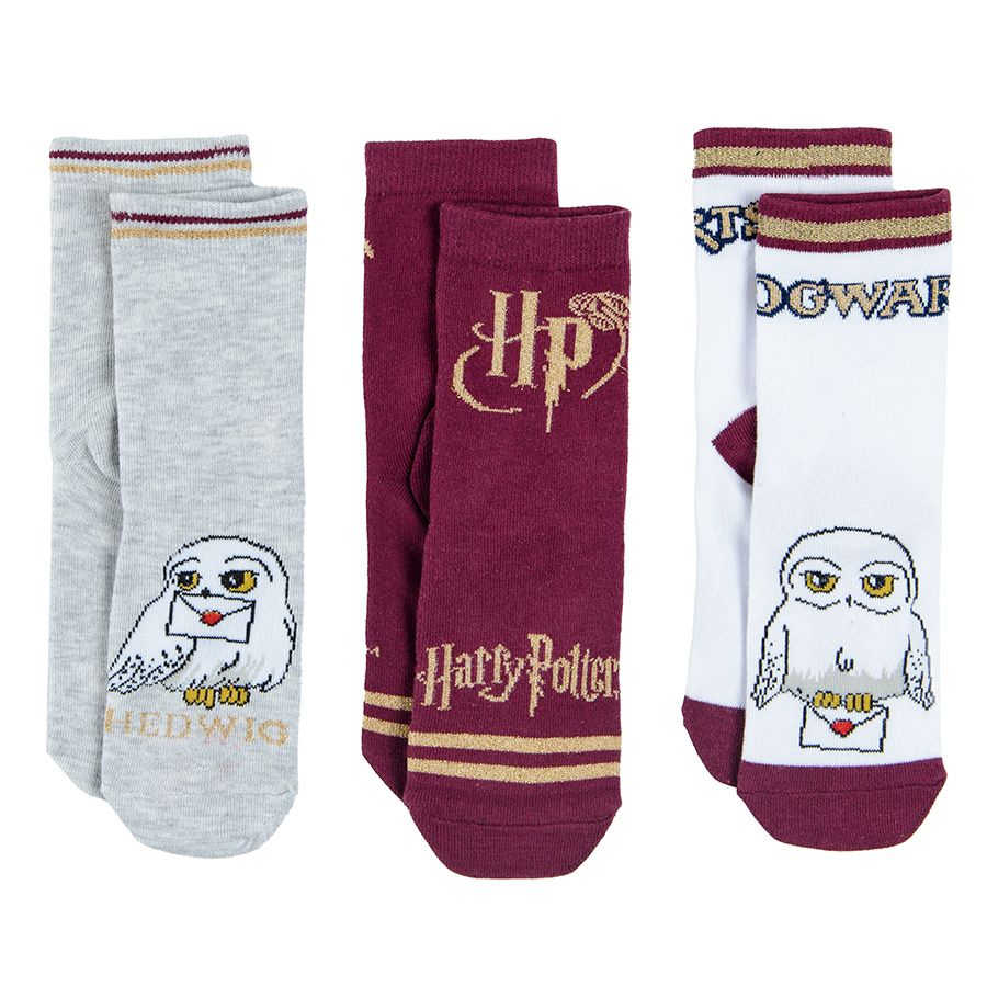 Κάλτσες 3 ζεύγη γκρι μπορντό με στάμπα Harry Potter