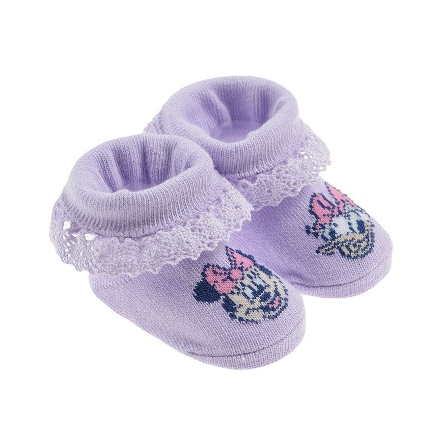 Lilac Minnie Mouse and Daisy Duck socks in a box