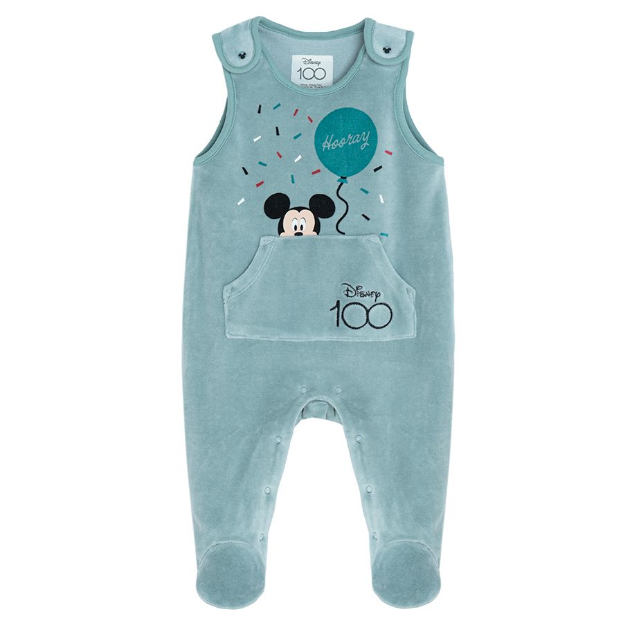 Mickey Mouse long sleeve bodysuit, blue sleeveless footed overall and cap with ears