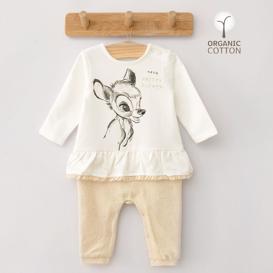 Ολόσωμο φορμάκι λευκό γκρι με στάμπα "Bambi" και βολάν στη μέση