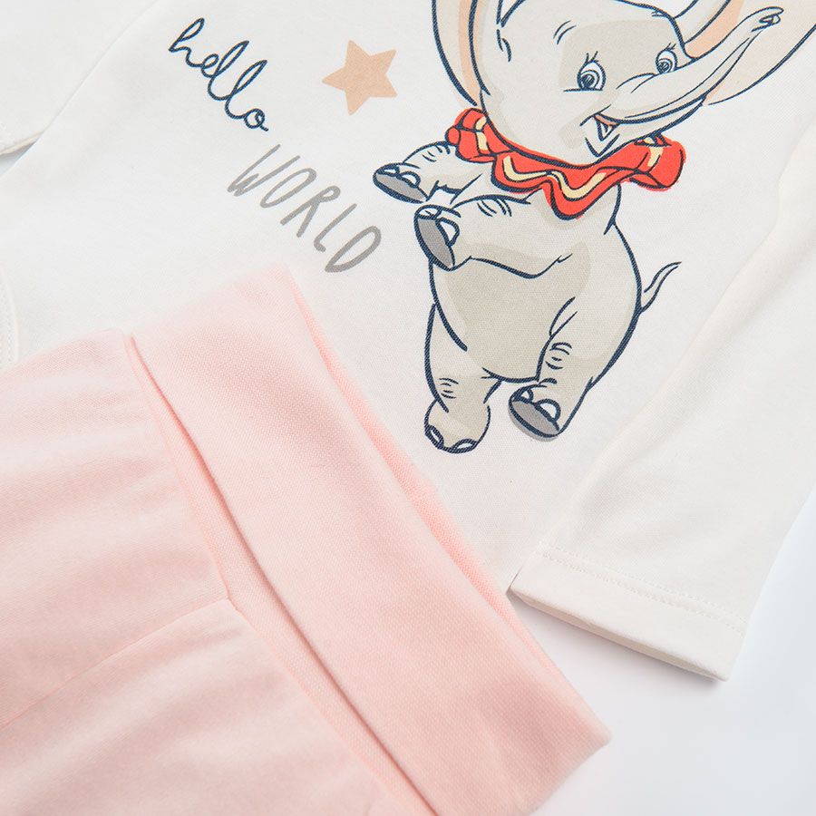 Σετ φορμάκι μακρυμάνικο λευκό με στάμπα Dumbo το ελεφαντάκι και ροζ παντελόνι