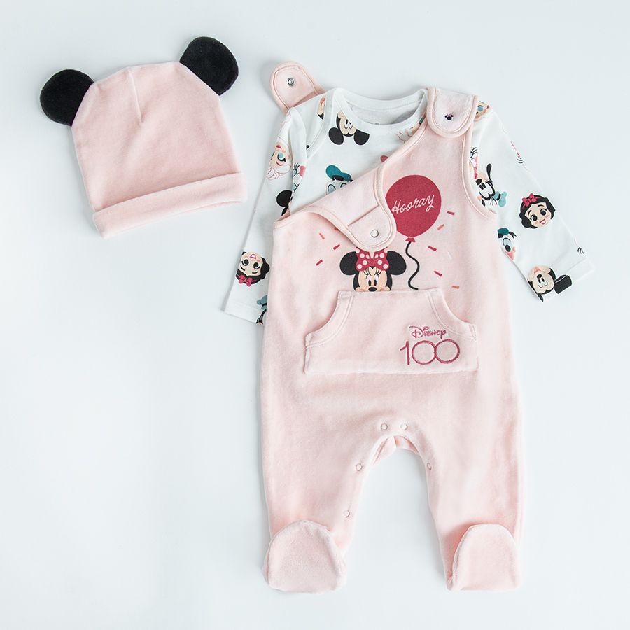 Minnie Mouse clothing set, long sleeve bodysuit, sleeveless footed overall and cap with ears