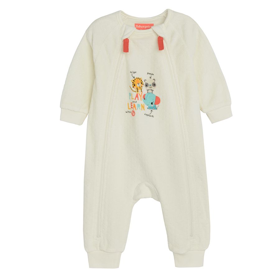 White footless overall with animals and cap