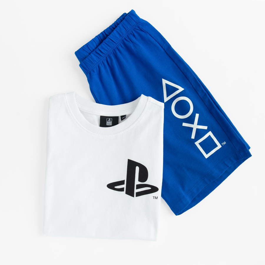 Playstation white and blue pyjamas, short sleeve blouse and shorts