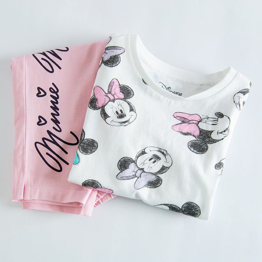 Πυτζάμες σετ μπλούζα κοντομάνικη και παντελόνι ροζ λευκό με στάμπα Minnie Mouse