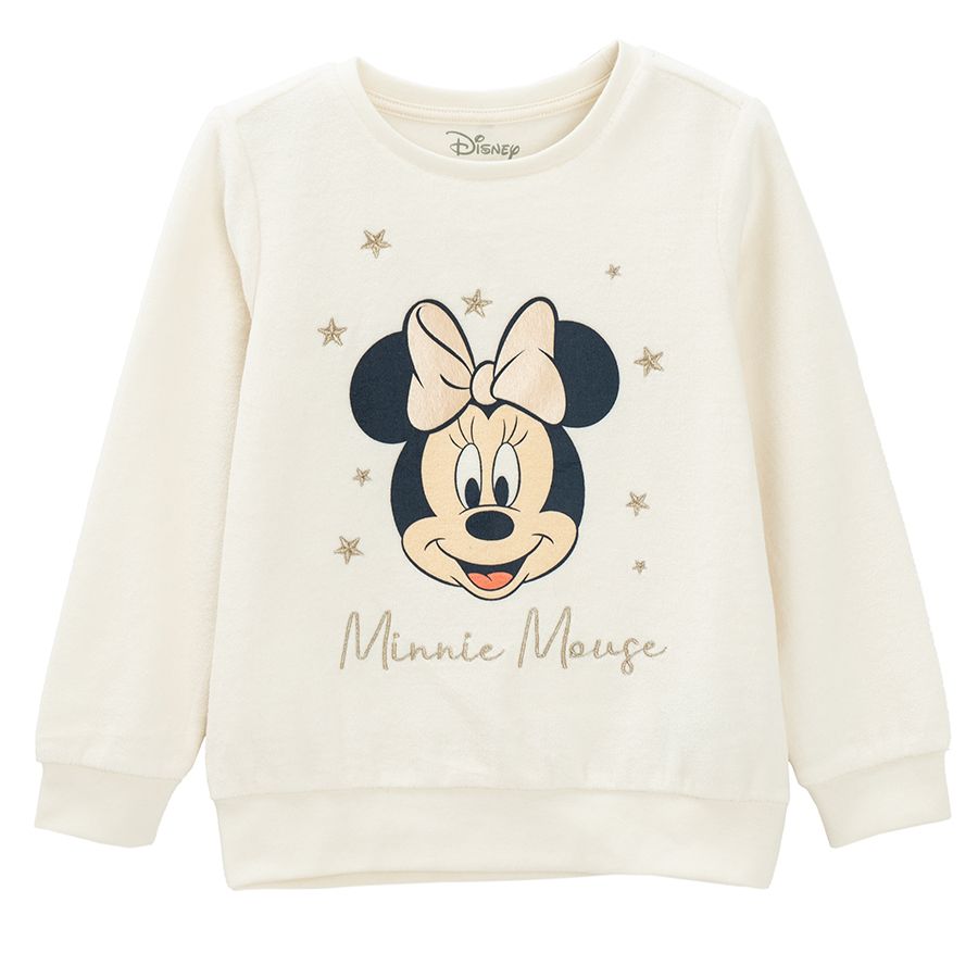 Minnie Mouse pyjamas, ecru long sleeve blouse and Christmas print pants