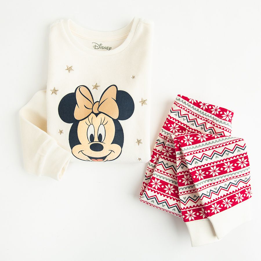 Minnie Mouse pyjamas, ecru long sleeve blouse and Christmas print pants
