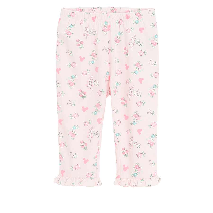 Πυτζάμες σετ μπλούζα κοντομάνικη και κολάν ροζ με στάμπα λουλούδια και MINNIE MOUSE DISNEY
