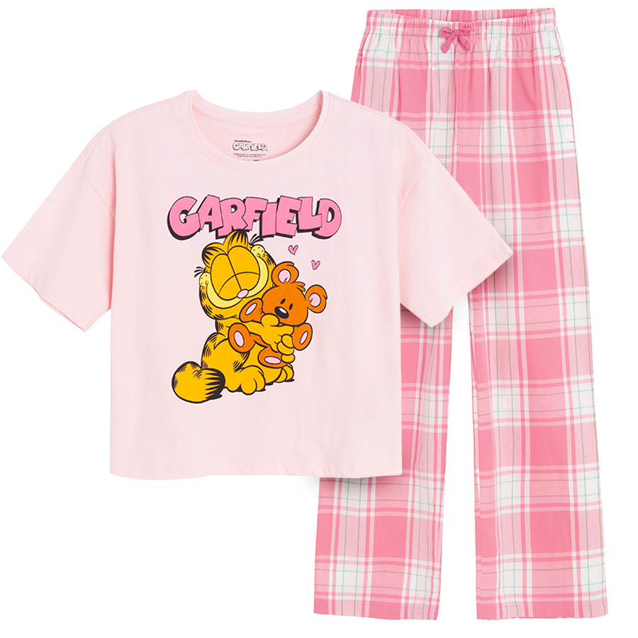Πυτζάμα ροζ με στάμπα GARFIELD και καρό παντελόνι ροζ με λευκό