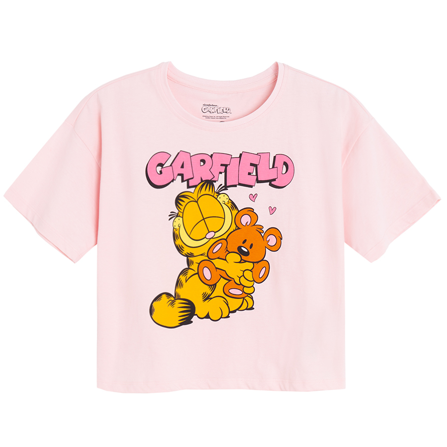 Πυτζάμα ροζ με στάμπα GARFIELD και καρό παντελόνι ροζ με λευκό