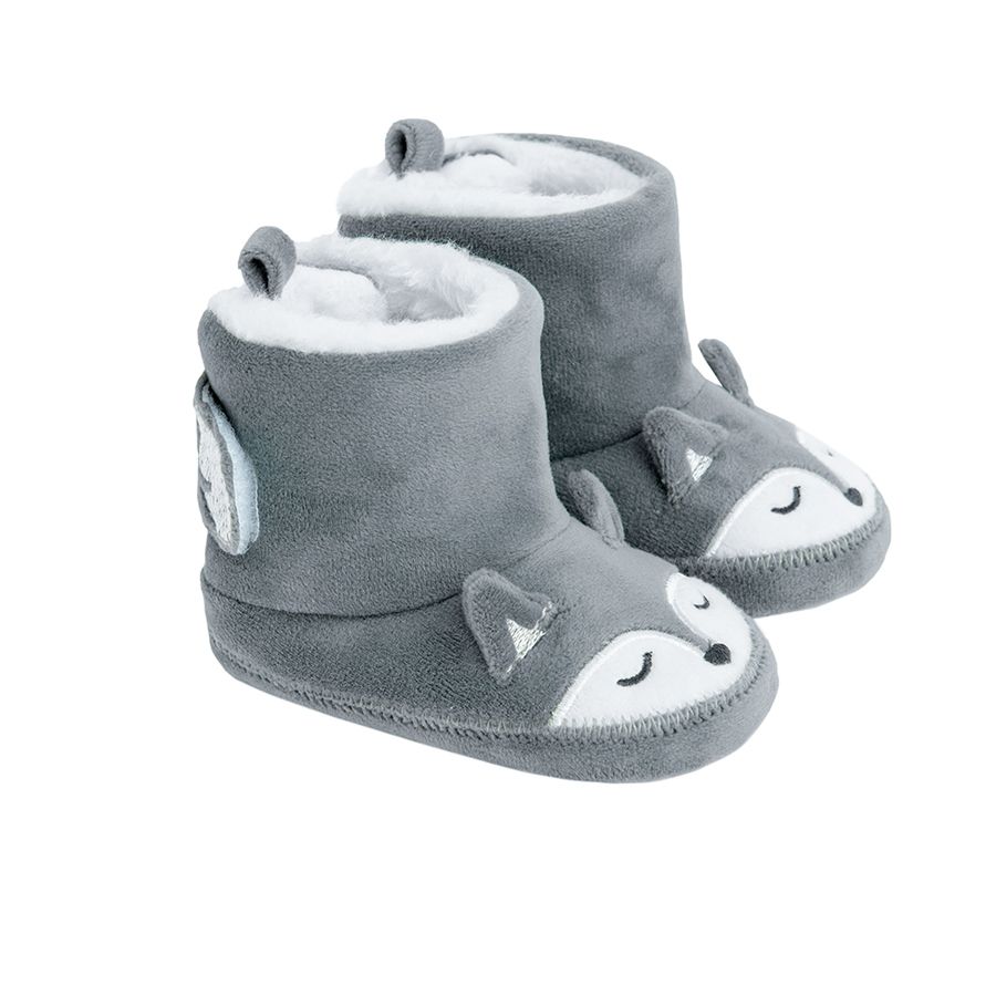 Grey newborn slippers with fox print