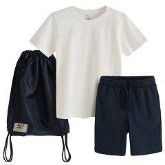 White short sleeve T-shirt, blue shorts and backpack