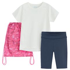 White short sleeve T-shirt, shorts and purple backpack