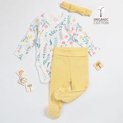 White floral wrap long sleeve bodysuit yellow footed leggings and matching headband set